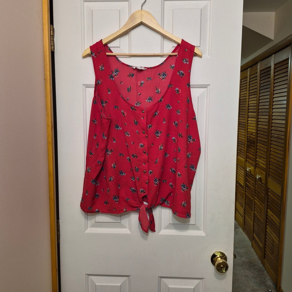 Gypsy & Jade Red Floral Button Front Tie Hem Sleeveless Tank Top Plus Size 2X